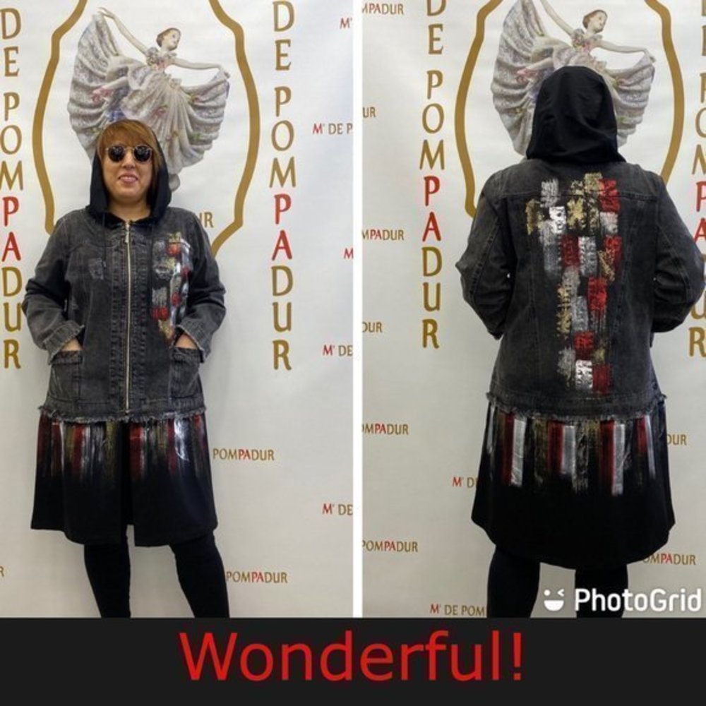 Designer black denim jacket large sized midi with zipper white and red accents